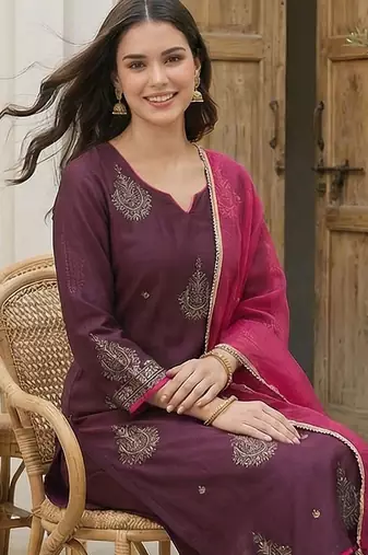 Women Ethnic Motifs Embroidered Sequinned Liva Kurta with Trousers & With Dupatta