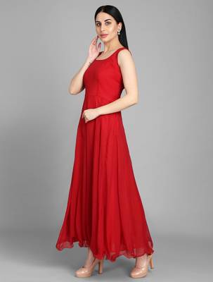 Red georgette long anarkali style kurti with golden churidar for women 2