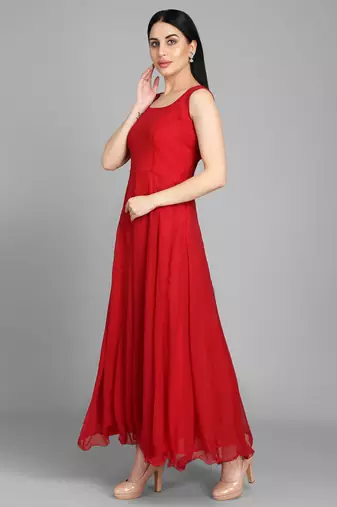 Red georgette long anarkali style kurti with golden churidar for women