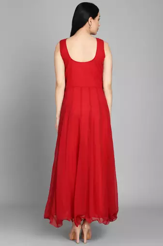 Red georgette long anarkali style kurti with golden churidar for women