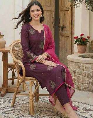Women Ethnic Motifs Embroidered Sequinned Liva Kurta with Trousers & With Dupatta 5