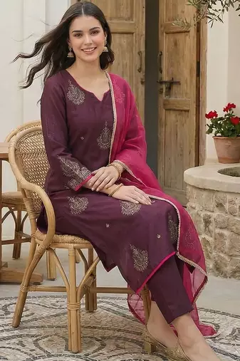 Women Ethnic Motifs Embroidered Sequinned Liva Kurta with Trousers & With Dupatta