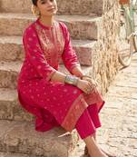 Women Ethnic Motifs Printed Thread Work Cotton Kurta with Trousers