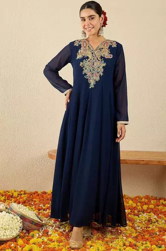 Paisley Embroidered V-Neck Georgette Anarkali Kurta with Trousers