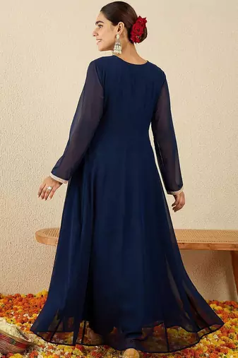 Paisley Embroidered V-Neck Georgette Anarkali Kurta with Trousers