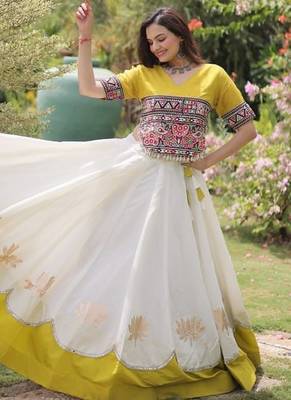 NAVRATRI  Flared Lehenga & Multicolor Kutchi Embroidered Blouse Set-full stitched free size 4