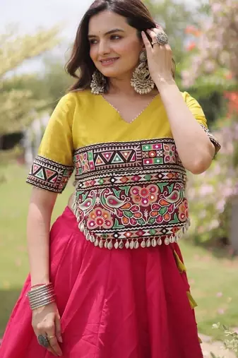 NAVRATRI  Flared Lehenga & Multicolor Kutchi Embroidered Blouse Set-full stitched free size