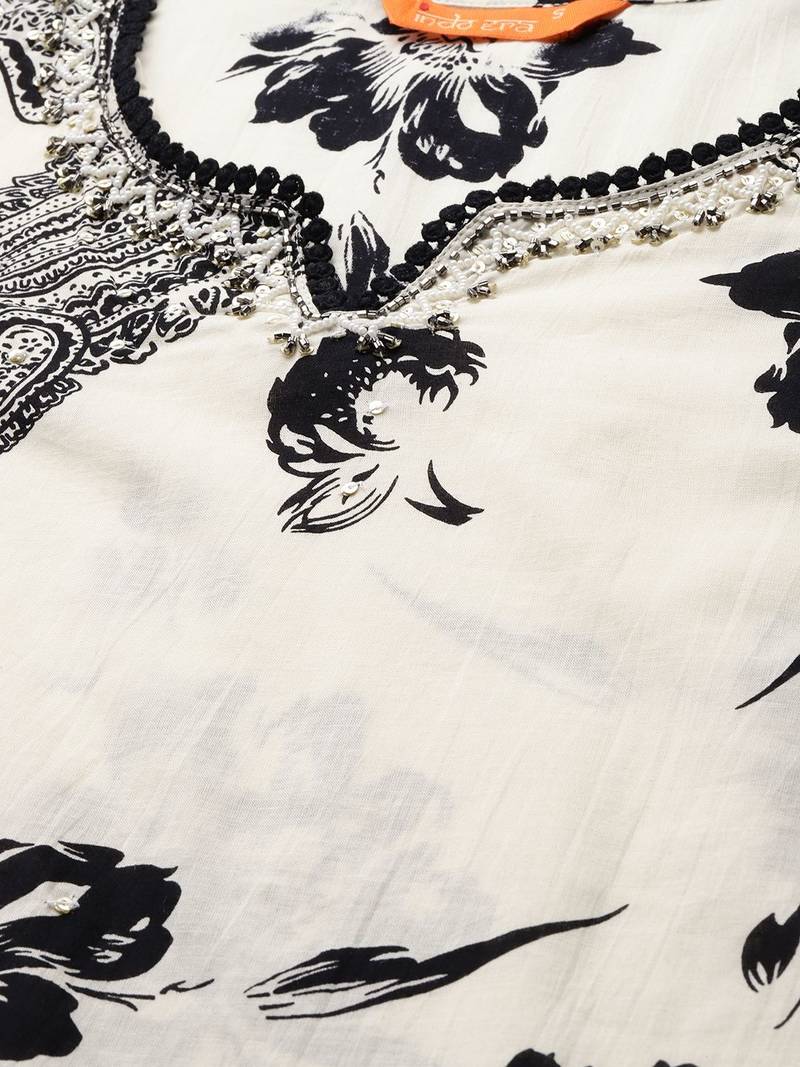 Women Floral Printed Beads and Stones Cotton Kurta with Trousers & With Dupatta