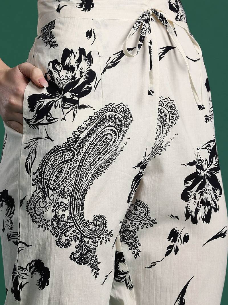 Women Floral Printed Beads and Stones Cotton Kurta with Trousers & With Dupatta