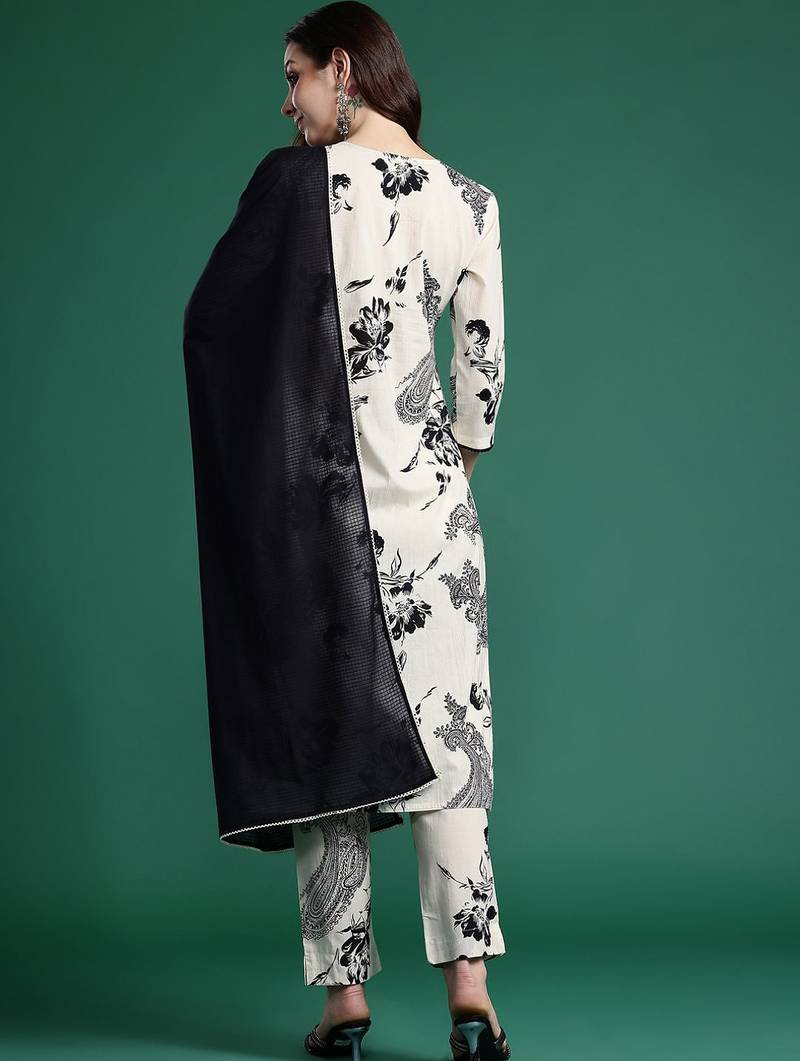 Women Floral Printed Beads and Stones Cotton Kurta with Trousers & With Dupatta