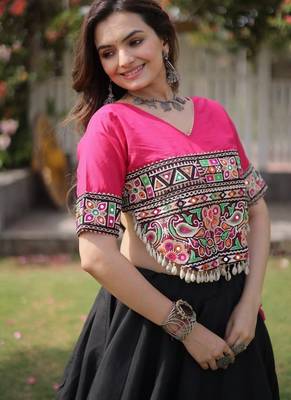 NAVRATRI  Flared Lehenga & Multicolor Kutchi Embroidered Blouse Set-full stitched free size 4