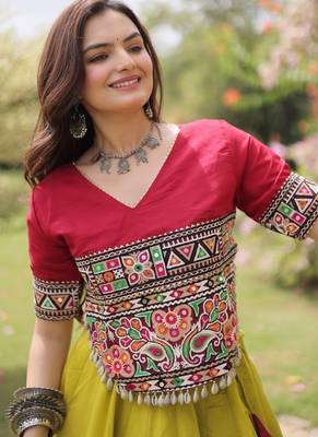 NAVRATRI  Flared Lehenga & Multicolor Kutchi Embroidered Blouse Set-full stitched free size 3