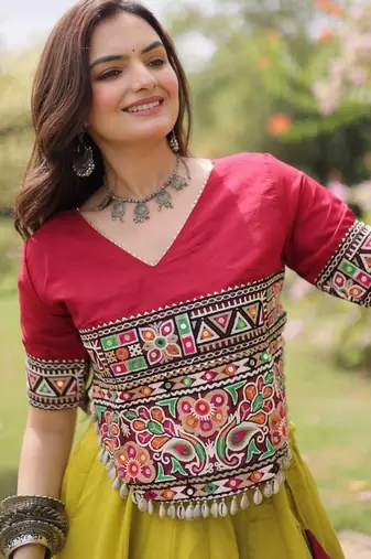 NAVRATRI  Flared Lehenga & Multicolor Kutchi Embroidered Blouse Set-full stitched free size