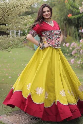 NAVRATRI  Flared Lehenga & Multicolor Kutchi Embroidered Blouse Set-full stitched free size