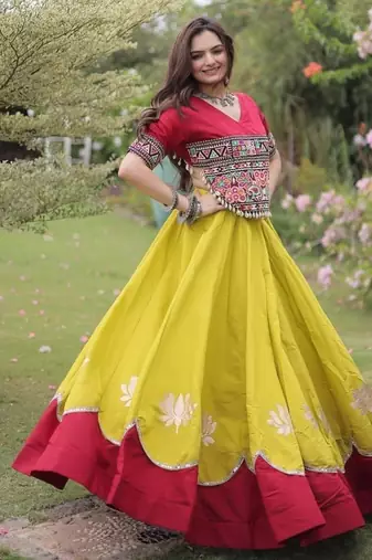 NAVRATRI  Flared Lehenga & Multicolor Kutchi Embroidered Blouse Set-full stitched free size
