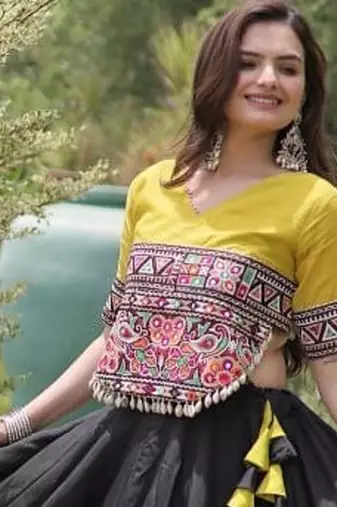 NAVRATRI  Flared Lehenga & Multicolor Kutchi Embroidered Blouse Set-full stitched free size