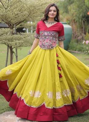 NAVRATRI  Flared Lehenga & Multicolor Kutchi Embroidered Blouse Set-full stitched free size 4