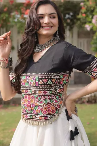 NAVRATRI  Flared Lehenga & Multicolor Kutchi Embroidered Blouse Set-full stitched free size
