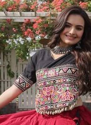 NAVRATRI  Flared Lehenga & Multicolor Kutchi Embroidered Blouse Set-full stitched free size 4