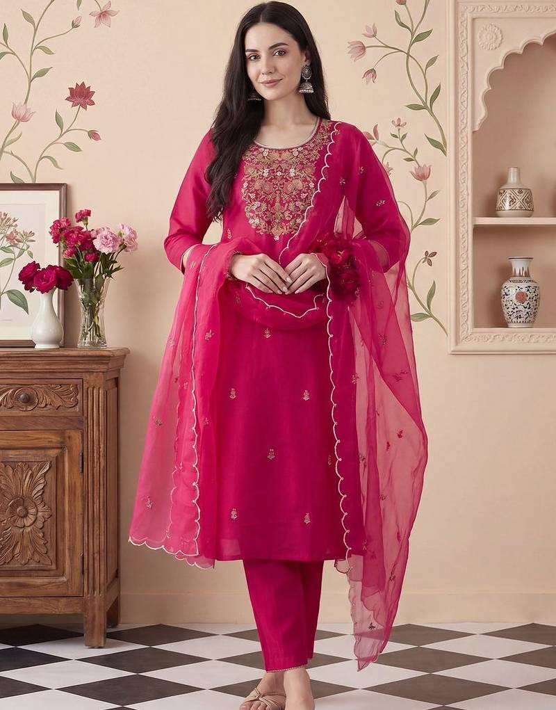 Women Ethnic Motifs Embroidered Thread Work Kurta with Trousers & With Dupatta