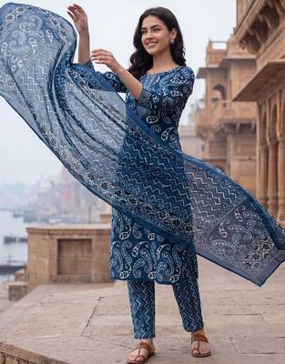 Women Ethnic Motifs Printed Cotton Kurta with Trousers & With Dupatta 3