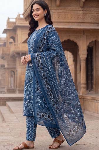 Women Ethnic Motifs Printed Cotton Kurta with Trousers & With Dupatta