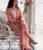 Women Floral Printed Thread Work Linen Kurta with Trousers & With Dupatta