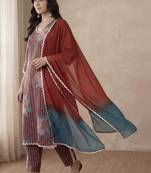 Women Printed Thread Work Cotton Kurta with Trousers & With Dupatta