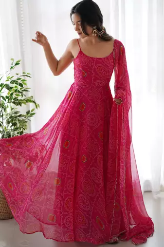 women's printed chiffon bandhej flared anarkali pant and dupatta set