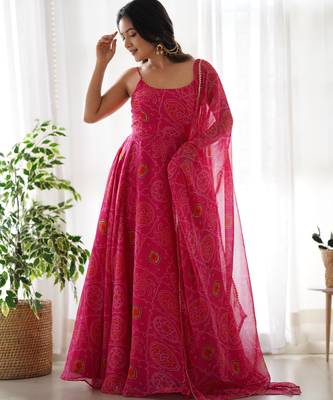 women's printed chiffon bandhej flared anarkali pant and dupatta set 1