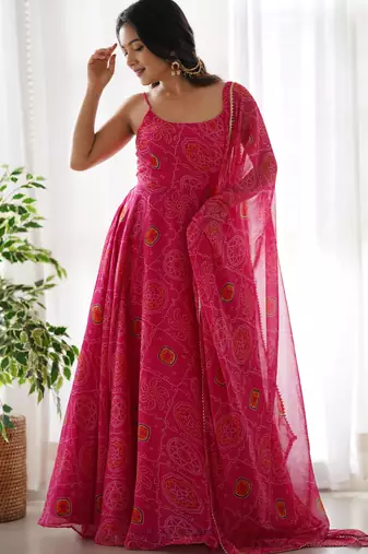 women's printed chiffon bandhej flared anarkali pant and dupatta set