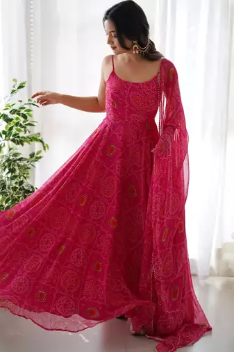 women's printed chiffon bandhej flared anarkali pant and dupatta set