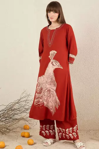 Women Ethnic Motifs Printed Thread Work Kurta with Palazzos