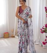 Multicolor chiffon digital print siroski diamond work saree