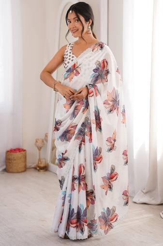 White chiffon digital print siroski diamond work saree