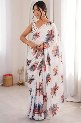 White chiffon digital print siroski diamond work saree
