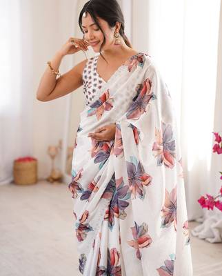 White chiffon digital print siroski diamond work saree 2