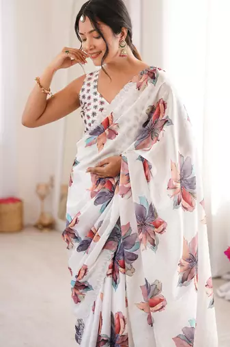 White chiffon digital print siroski diamond work saree
