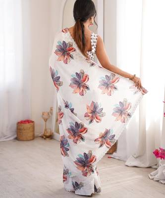 White chiffon digital print siroski diamond work saree 3