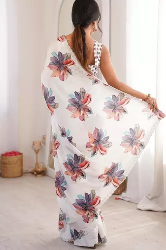 White chiffon digital print siroski diamond work saree