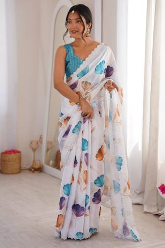 White chiffon digital print siroski diamond work saree