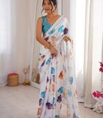 White chiffon digital print siroski diamond work saree