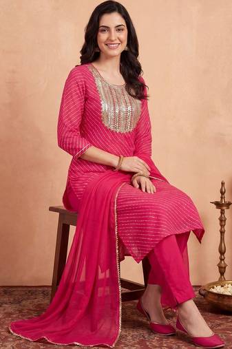 Women Striped Sequinned Kurta with Trousers & With Dupatta