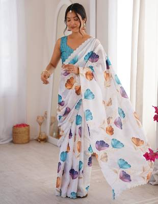 White chiffon digital print siroski diamond work saree 3