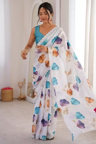 White chiffon digital print siroski diamond work saree