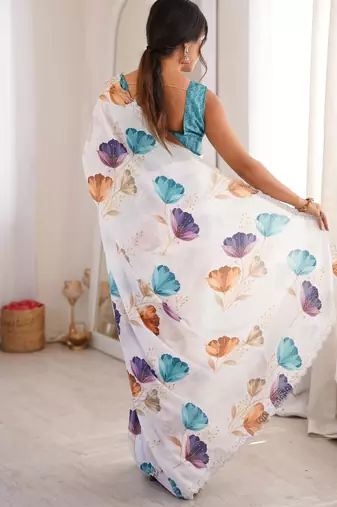 White chiffon digital print siroski diamond work saree