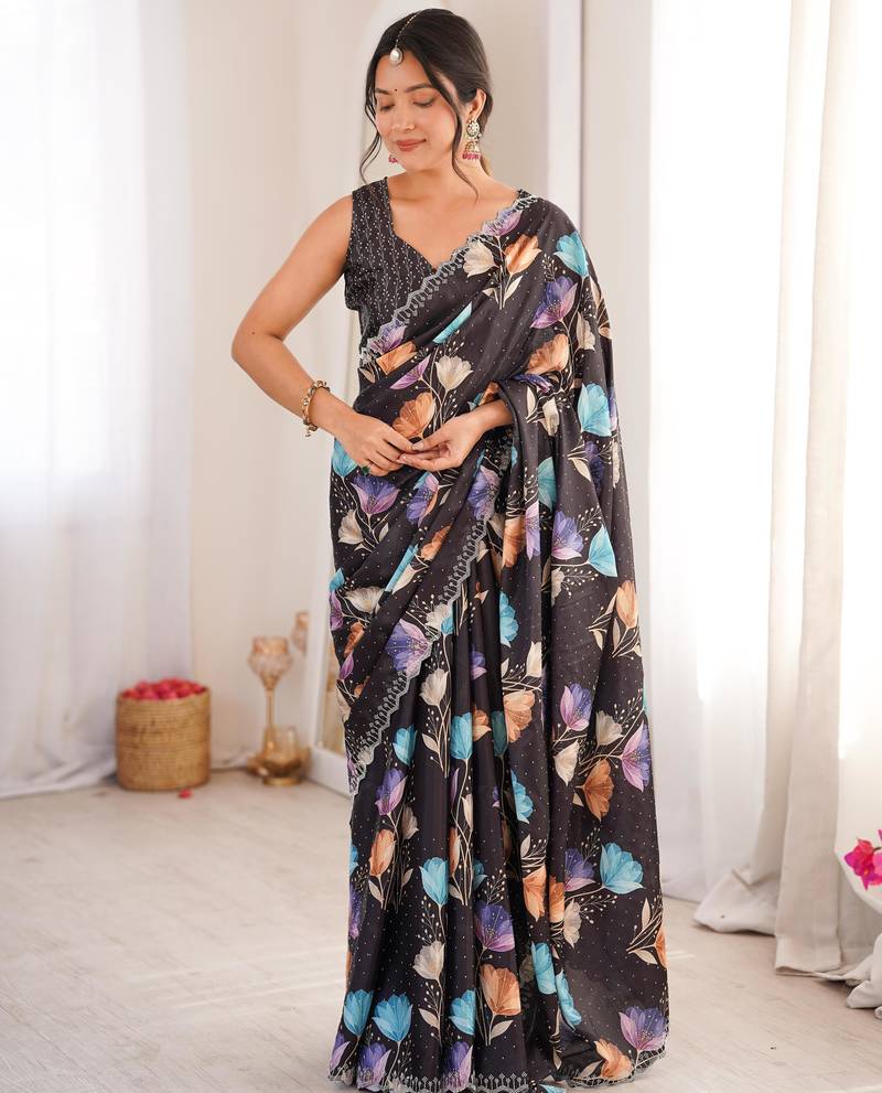 Black chiffon digital print siroski diamond work saree