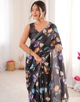 Black chiffon digital print siroski diamond work saree 2