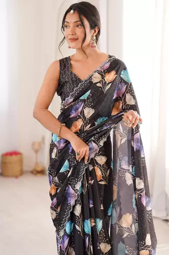 Black chiffon digital print siroski diamond work saree