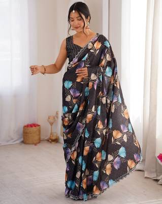 Black chiffon digital print siroski diamond work saree 3